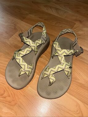 Chaco Women's Sandals with Olive/Tan and Yellow Patterned Straps